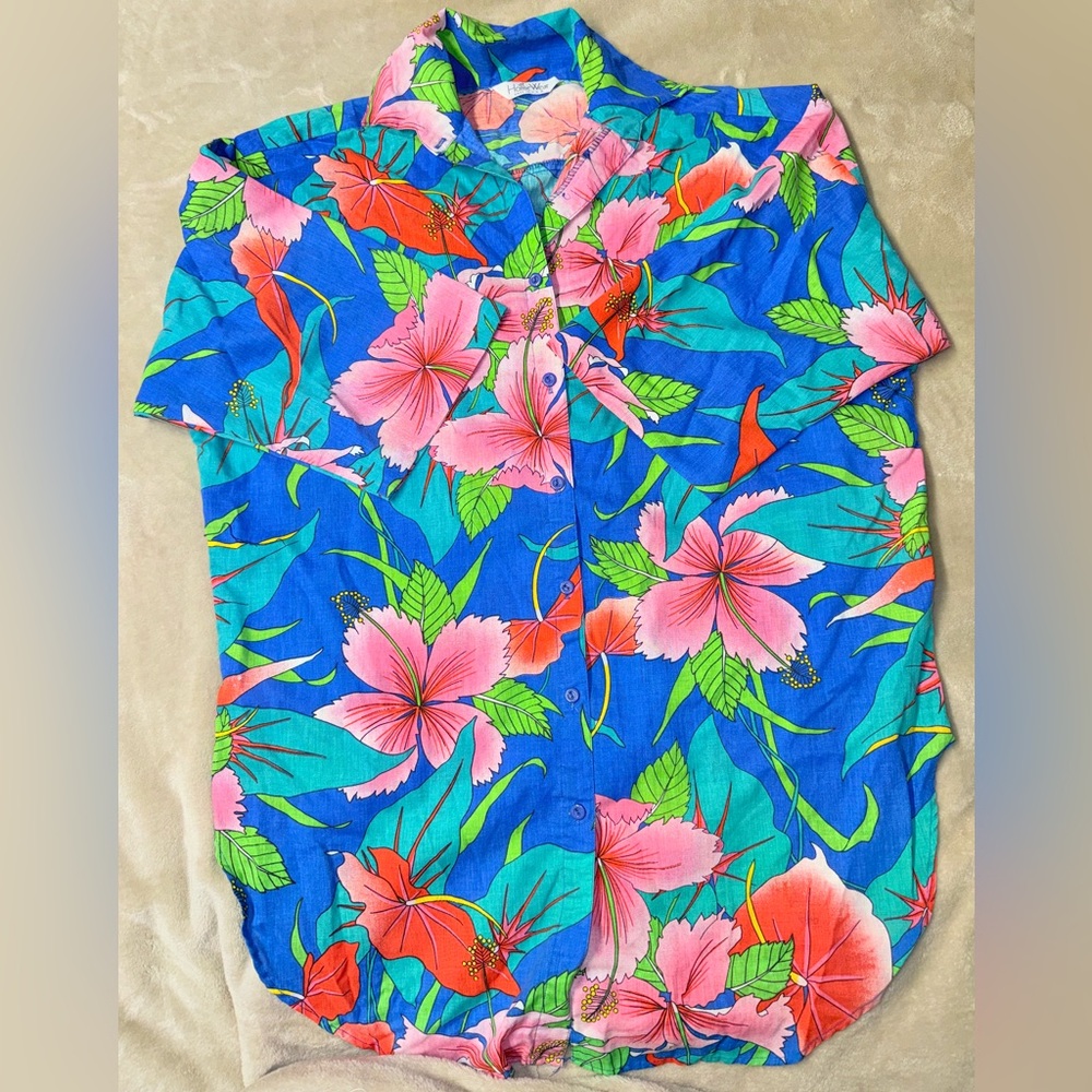 Vintage Cotton Unisex Tropical Floral Casual Button Down Shirt